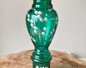 Antique Victorian Mary Gregory Style Teal Green Glass Vase With White Lily Of The Valley Flowers.