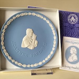 Vintage 1982 Wedgwood Pope John Paul II Commerative Collectors Blue Jasperware Plate, 6.5.” Diameter, In Original Box. Made In England