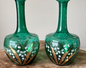 Antique Victorian Mary Gregory Style Teal Green Glass Vase With White Lily Of The Valley Flowers.