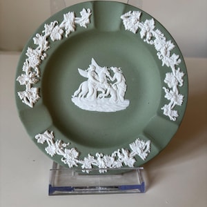 Vintage Rare Wedgwood Sage Celadon Green Jasperware round ashtray featuring Pegasus and Greek women in togas in bas relief, English Pottery.