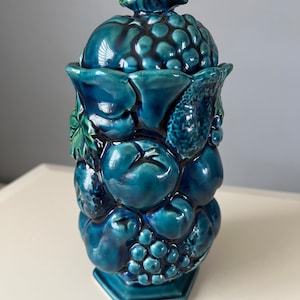Vintage Inarco No E3268 Mood Indigo Blue Fruit Canister  W/ Lid Japan 1960s Jar Storage