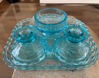 blue glass dressing table set Art Deco Ice Blue Glass dressing table set