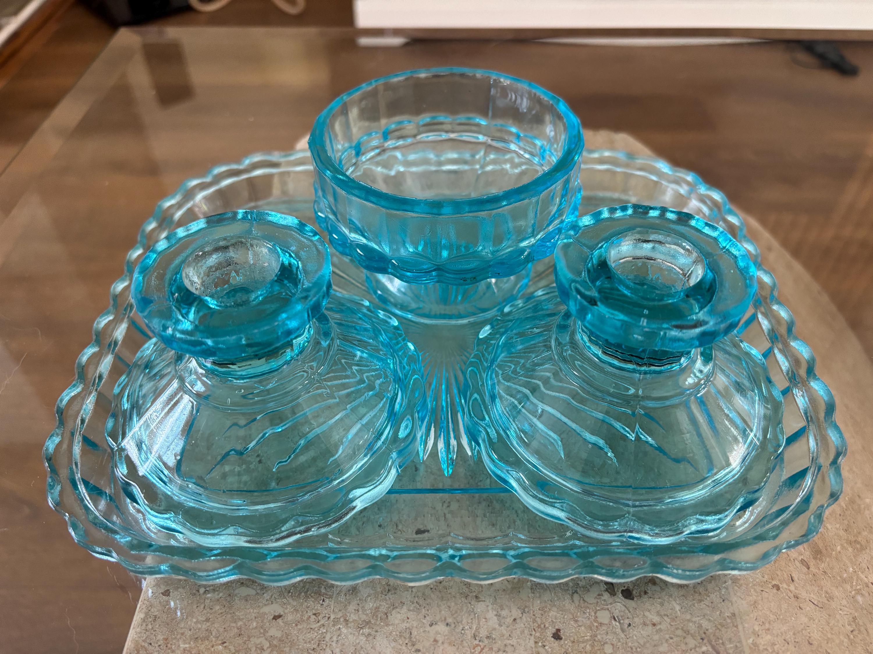 Vintage Blue Glass Dressing Table Set - Etsy