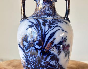 アンティークフローブルー花瓶 青と白の陶器の花柄デザイン - Etsy 日本