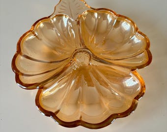 Vintage Jeanette  Marigold Carnival Gold Iridescent Glass 3 Leaf Clover Trinket / Candy Nut Dish Bowl