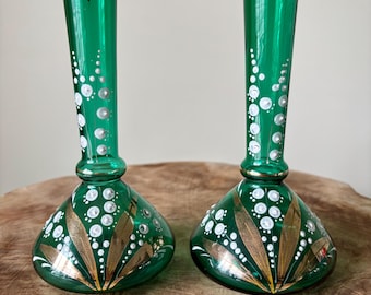 Antique Victorian Mary Gregory Style Teal Green Glass Vase With White Lily Of The Valley Flowers.