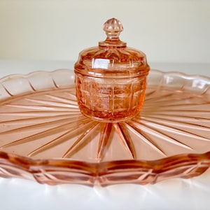 Pretty Vintage Art Deco Peach Glass Dressing Table Vanity Set, An Oval Tray & A Lidded Trinket Jar / Pot.