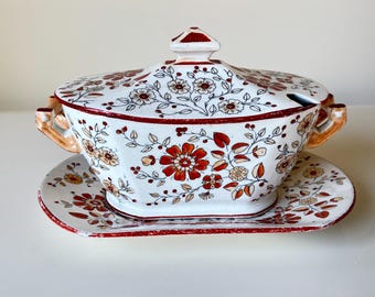 Antieke Victoriaanse ca. 1885-1890 Ridgeway-aardewerk 'Perzië' met bloemen deksel en dienblad met schotel.