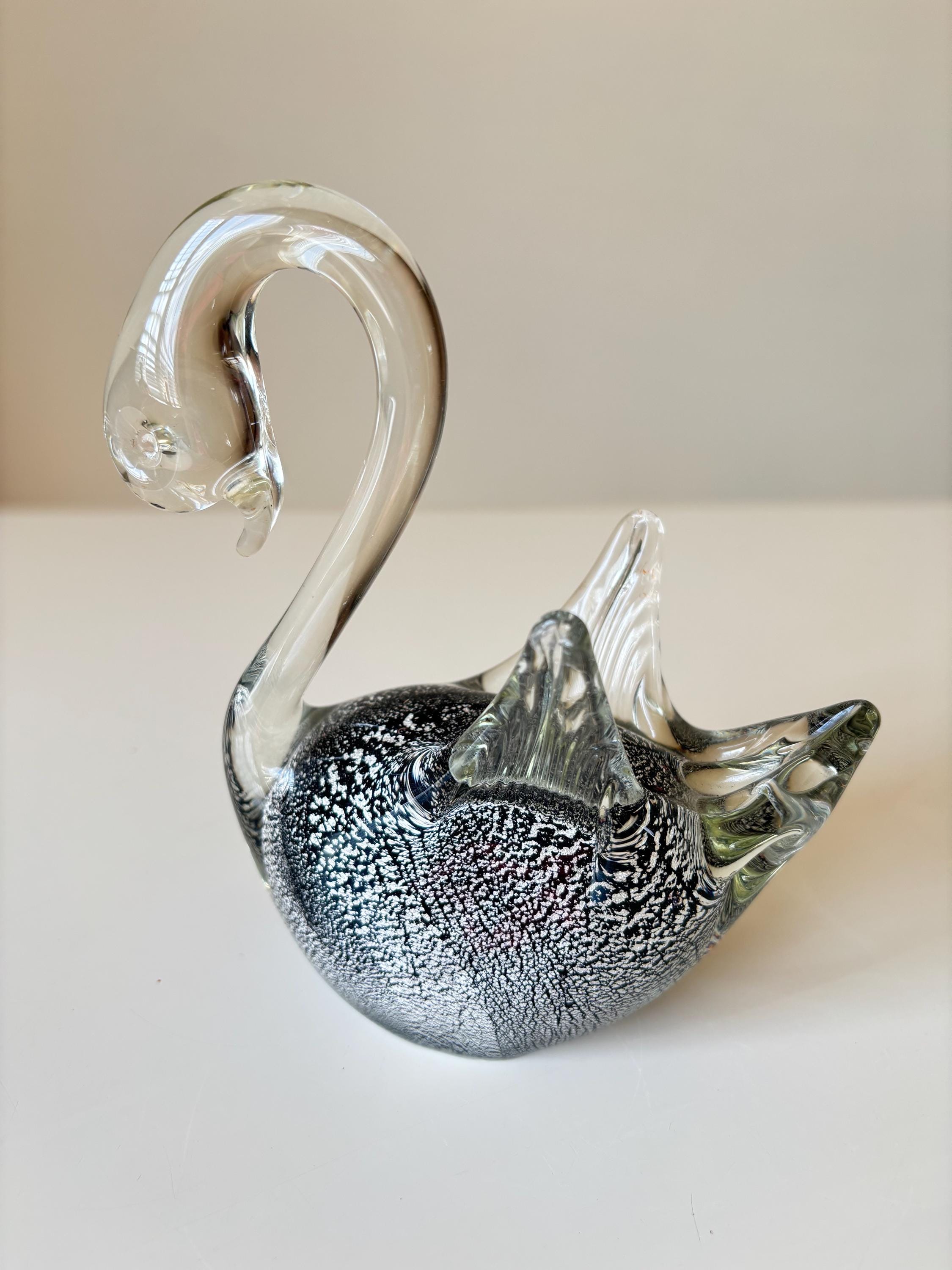 Vintage Murano Clear With A Hint Of Green Glass Swan With A Black & Silver Crackled Effect Body, Solid Ornament / Figurine