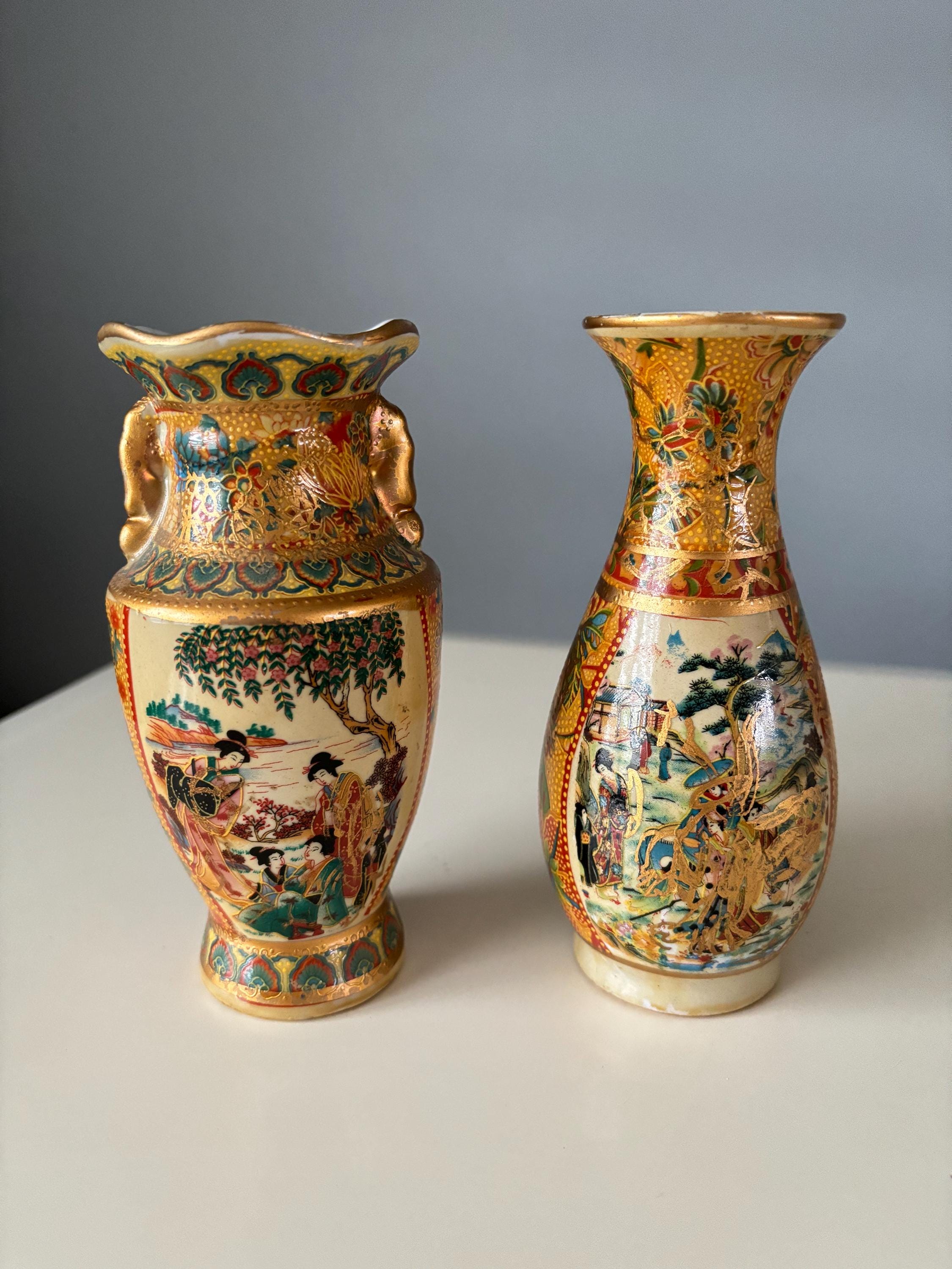 美しいヴィンテージゴールド鍍金の日本製薩摩焼のカラフルな装飾東洋