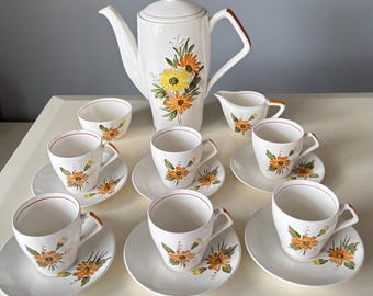 Wunderschönes seltenes antikes Crown Devon Fieldings England, 15 Stück Set. Kaffeekanne, Milchkännchen / Krug, Zuckerdose, Tassen und Untertassen, Nicht Gebraucht.