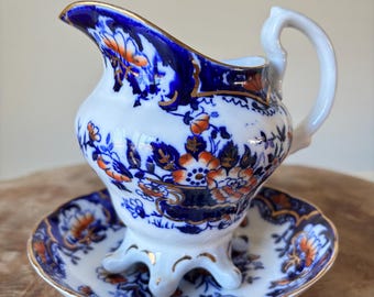 Rare Antique c1895 William Hudson Longton Imari Rd No 251169 Milk Jug - Creamer Pitcher & Saucer / Plate,  Beautiful English Tea Set.