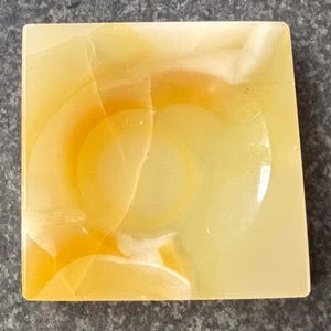 Vintage Polished Yellow Marble Square Carved Ash Tray.