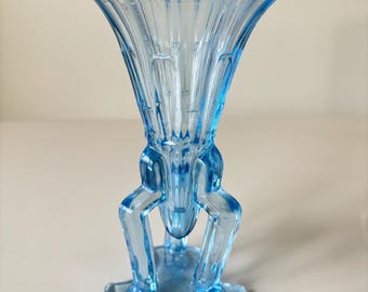 Art Deco c1930s Libochovice Blue Glass Vase On Tripod Feet. UV Light Reactive, Manganese Green Glow. Czechoslovakian Vintage Art Glass.