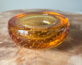 Vintage MCM Whitefriars Orange Art Glass Bowl With Controlled Bubbles. 4” Diameter, 1.75” Tall.