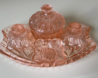 Pretty Vintage Crystalor England Pink ( Pale Peach) 5 Piece Glass Dressing Table Vanity Complete Set, Tray, Candle Holders, Ring Dish.