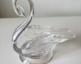 Vintage Edinburgh Crystal Glass Swan Ornament / Figurine Trinket Dish 15cm x 16cm