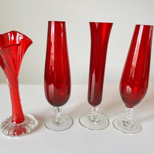 Vintage Small Red Glass Bud Vases With Clear Stems / Bases, Choose From 4 Different Styles. All In Excellent Condition.