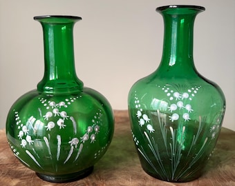 Antique Victorian Mary Gregory Style Green Glass Vase With White Lily Of The Valley Flowers.