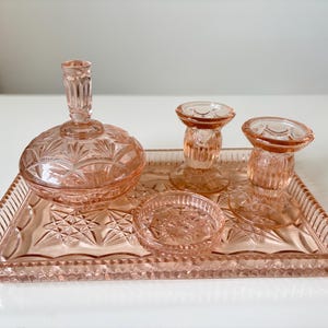 Vintage Bagley Victoria 1032 - 2 Pink Glass Dressing Table Vanity Complete Set, An Rectangle Tray & A Lidded Trinket, Candles, Ring Dish