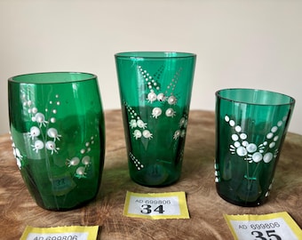 Antique Victorian Mary Gregory Style Teal Green Glass Small Vases / Glasses, Enamelled With White Lily Of The Valley Flowers.
