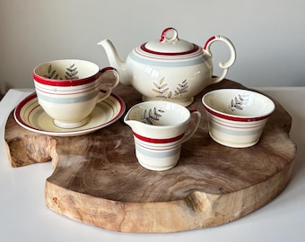 Seltene antike Krone Devon Fieldings England Set 1222, 5-teiliges Teeset für einen, Teekanne, Milchkännchen / Krug, Zuckerdose, Tassen und Untertasse