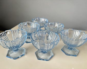 Vintage Set Of 6 Art Deco Blue Glass Dessert Dishes / Bowls, Green Glow With 365 Torch, Manganese Glass.