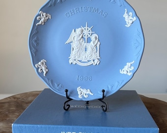 Seltene Vintage 18,5 cm Weihnachten Blau Wedgwood Jasperware Bas Relief 'Verkündigung' Engel Engelchen Weihnachten Teller, englische Keramik. 1996, Mit Box.