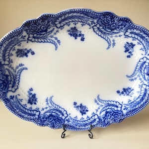 Very Rare c1891 Antique W. H. Grindley Flow Blue Ashburton 14” Serving Platter / Plate. Raised Floral Scalloped Border. English Pottery.