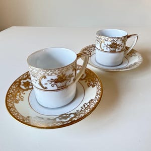 Beautiful Rare Vintage 2 Japanese Noritake Rg 44318 Basket Of Flowers Expresso Cups & Saucers, White And Gold Gilt Tea Set.