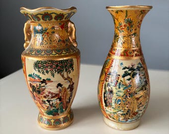 Pair Of Beautiful Vintage Gold Gilt Japanese Satsuma Colourful Decorative Oriental Vases 15cm Tall