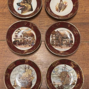 Vintage Wetherby Hanley England Royal Falcon Ware Gold Gilt Shallow Dish Choose Clipper Ship, Old Coach House, Dog, Partridge. Collectors.