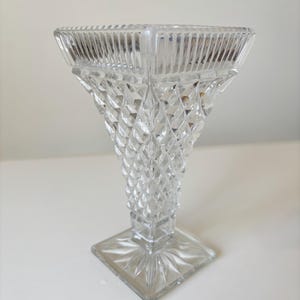 Antique Edwardian c1900 Clear Diamond Pointed Cut Glass Square Tapered Vase, Pressed English Glass,