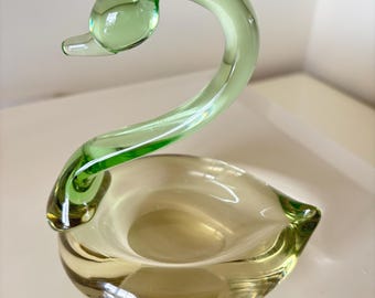 Vintage Green & Beigey Brown Glass Swan Solid Ornament / Figurine Trinket Dish / Bowl