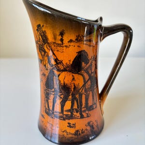 Antique Ridgways Scenes From Coaching Days & Coaching Ways. Brown Transfer Ware Pitcher / Jug. 15.5cm Tall. Excellent Condition.