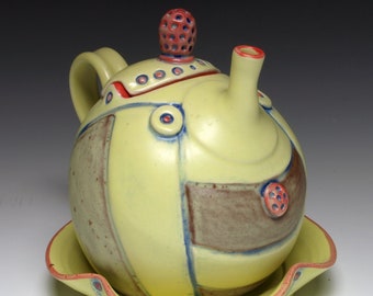 Yellow Button Ceramic Teapot with Rattle Lid and Saucer, Whimsical Handmade Stoneware Teapot