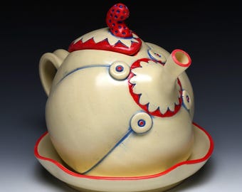 Handmade Whimsical Ceramic Teapot with Rattle Lid and Saucer