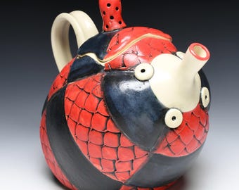 Red and Black Dragon Weave Ceramic Teapot with Rattle Lid, Whimsical Handmade Stoneware Teapot