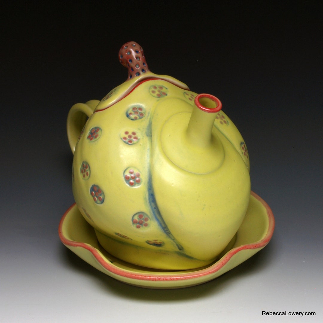 Yellow Ceramic Teapot With Rattle Lid and Saucer, Whimsical Handmade