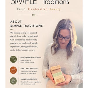May include: A stack of five rectangular soap bars in shades of beige, pink, and green held in hands. The text reads: SIMPLE Traditions, Fresh. Handcrafted. Luxury. ABOUT SIMPLE TRADITIONS, We believe caring for yourself doesn't have to be complicated.