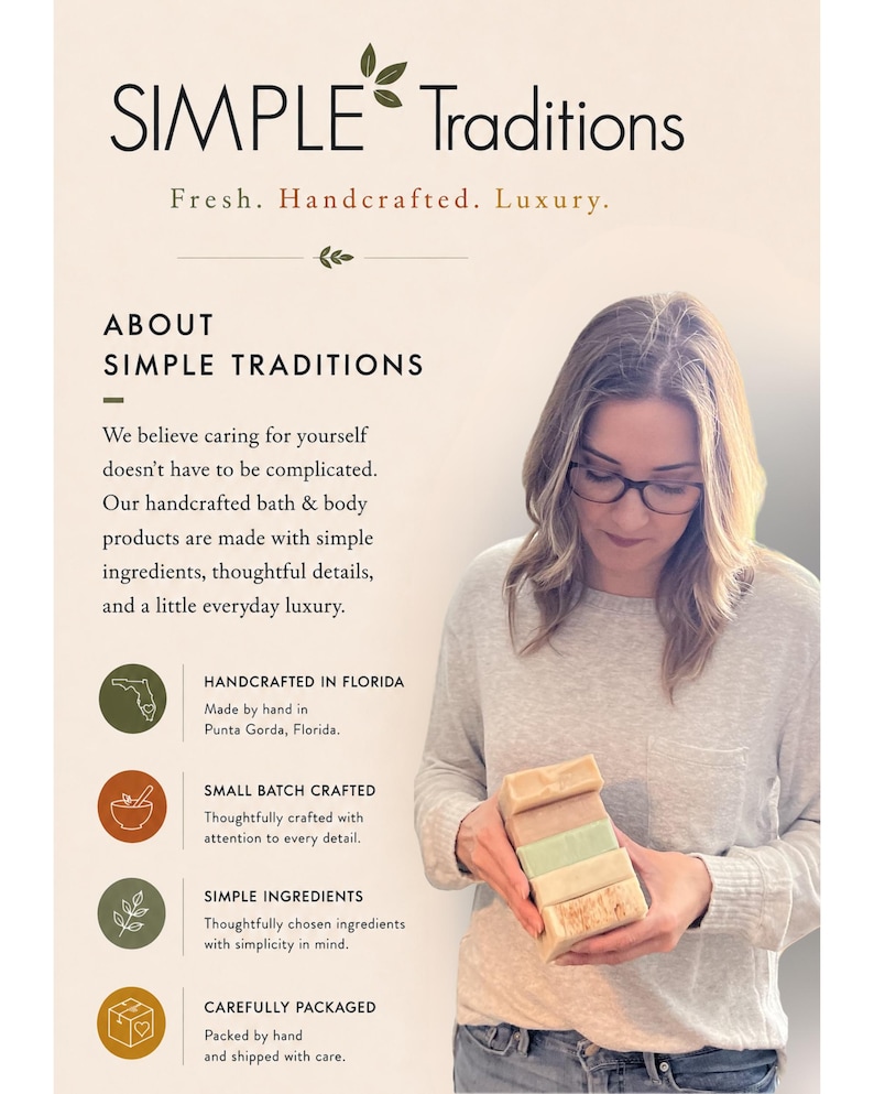 May include: A stack of five rectangular soap bars in shades of beige, pink, and green held in hands. The text reads: SIMPLE Traditions, Fresh. Handcrafted. Luxury. ABOUT SIMPLE TRADITIONS, We believe caring for yourself doesn't have to be complicated.
