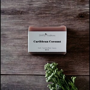 May include: A bar of brown soap with a white label that reads "SIMPLE Traditions Caribbean Coconut fresh. handcrafted. luxury. SOAP 4.5 OZ". The soap is sitting on a wooden surface with green plants in the foreground.