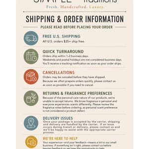 May include: An informational sign for Simple Traditions featuring a cream background with black text. It outlines shipping, order turnaround, cancellation policies, return policies regarding fragrance preferences, delivery issues, and customer support contact.