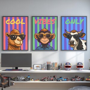Divertido conjunto de arte mural de animales Póster Cool Vibes Only Decoración de habitación infantil Llama Mono Vaca Imprimible Decoración de habitación infantil Dopamina