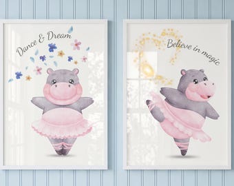 Hippo Nursery Wall Art Set, Ballerina Animal Prints for Girls Room, Kinderzimmer Deko Mädchen, Baby Girl Decor, Digital Download