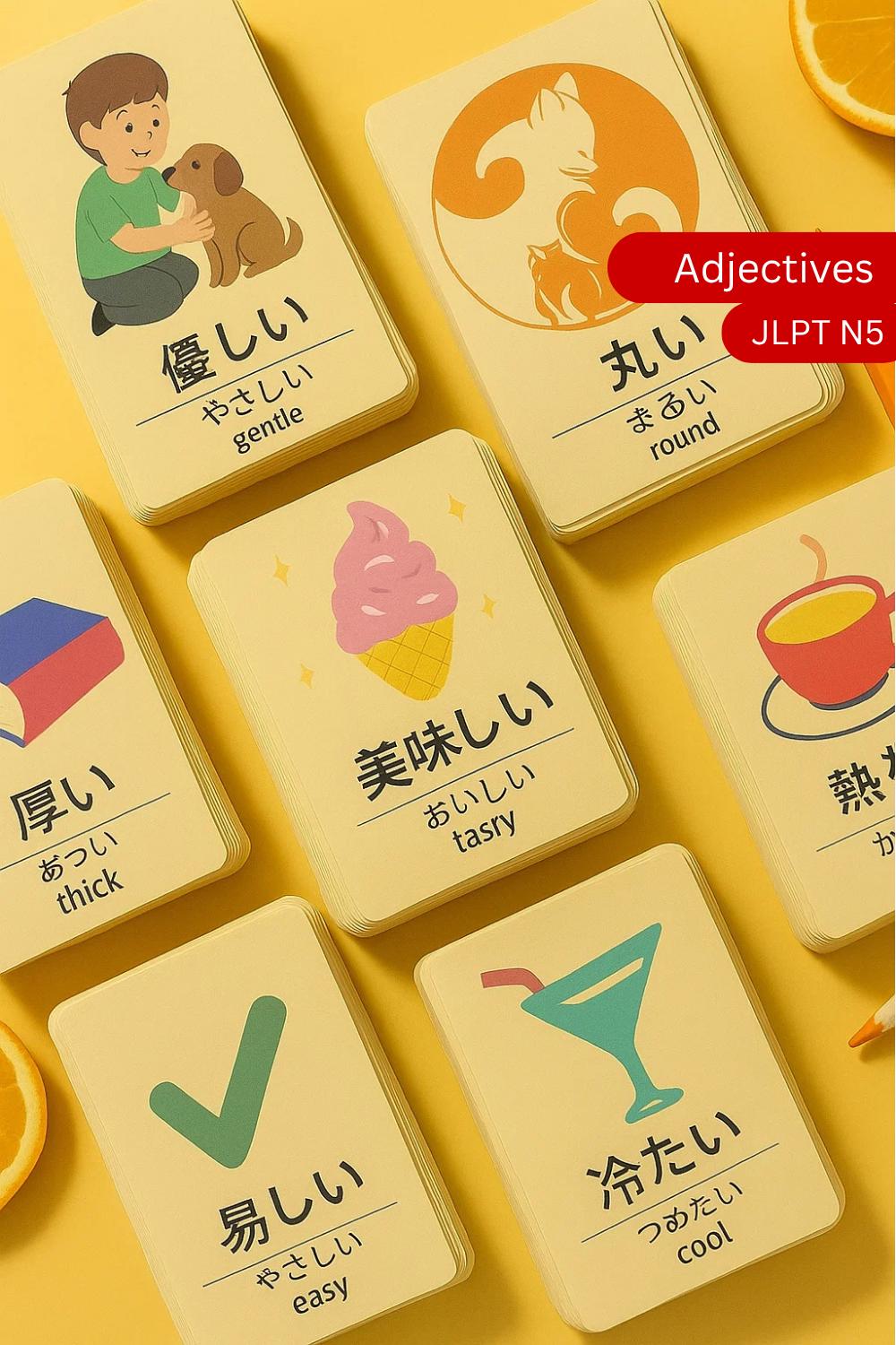 日本語形容詞フラッシュカード：初級者向けN5語彙（PDFダウンロードA4