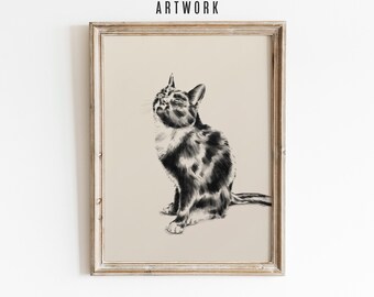 Personalised Pet Cat Portrait From Photo - CUSTOM Animal Sketch Artwork - Kitty Lover Gift - Vintage Style Cat Drawing Decor