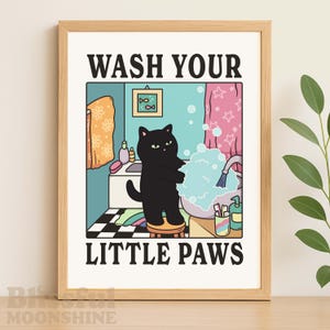 Wash your Little Paws Print, Black Cat Bathroom Poster, Retro Cat Wall Art, Feline Art Spa Home Decor, Washing Room Cat Sign, Cat Lover Gift