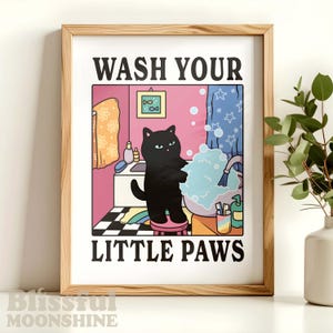 Wash your Little Paws Print, Black Cat Bathroom Poster, Retro Cat Wall Art, Feline Art Spa Home Decor, Washing Room Cat Sign, Cat Lover Gift