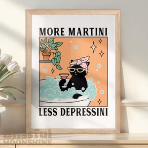 More Martini Less Stressini Print, Retro Minimal Cocktail Cat Wine Poster, Alcohol Bar Wall Print, Vintage Spa Black Cat Bathroom Wall Décor